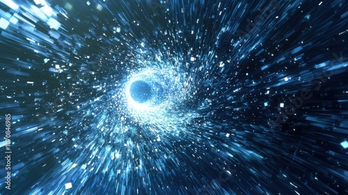 A mesmerizing view of a cosmic vortex with bright blue lights and particles swirling around, creating a sense of depth in a digital space environment.