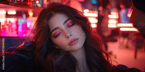 Close-up of a Woman's Face with Red Eyeshadow and Long Hair