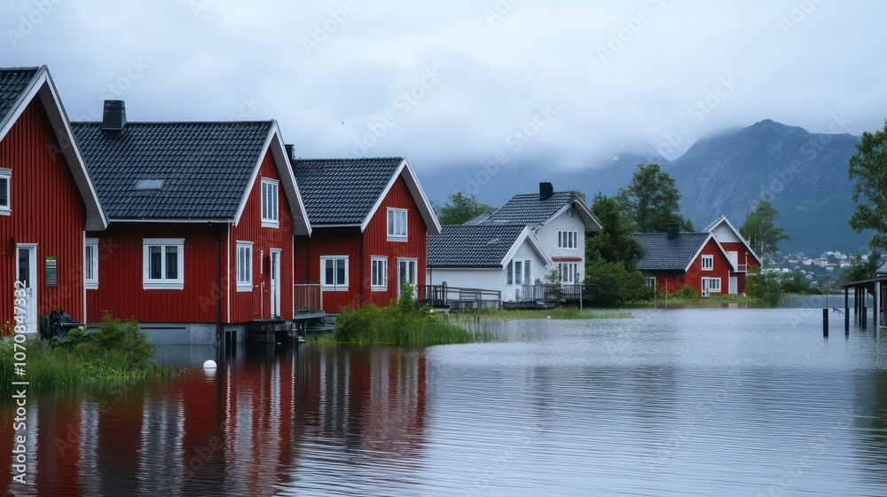 A serene view of houses partially submerged in floodwaters against a cloudy backdrop. A serene view of houses partially submerged in floodwaters against a cloudy backdrop.