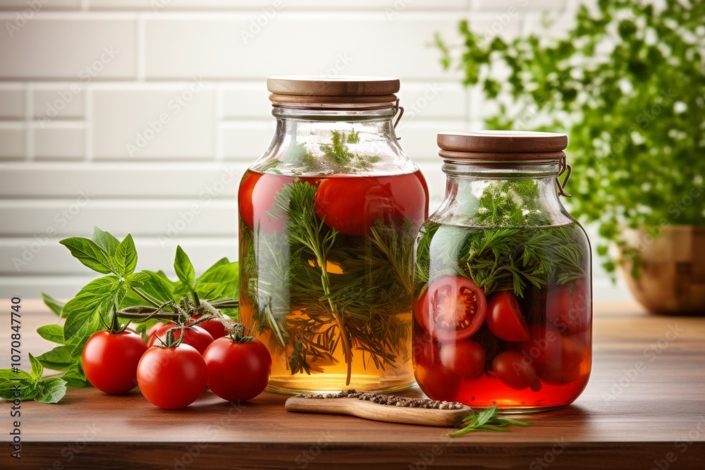 Vibrant three liter jar of homemade pickled tomatoes with aromatic spices on white background Vibrant three liter jar of homemade pickled tomatoes with aromatic spices on white background
