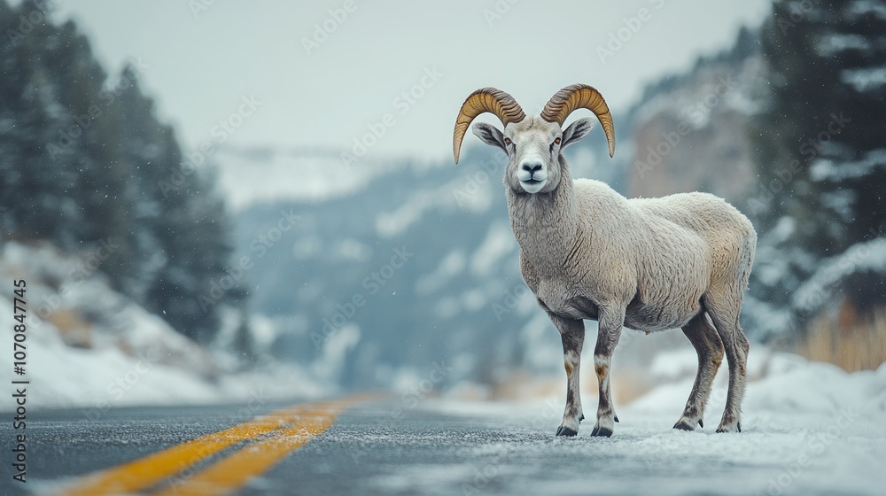 Naklejka premium A bighorn sheep stands in the middle of a snow-covered road in a mountainous region.