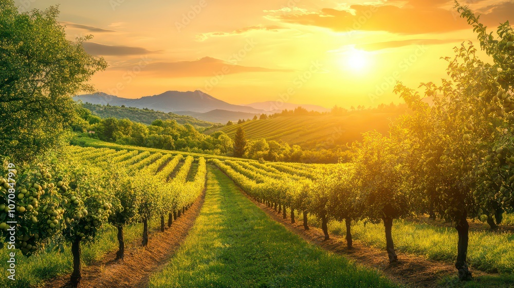 Naklejka premium A serene vineyard landscape at sunset, showcasing rows of grapevines and rolling hills.