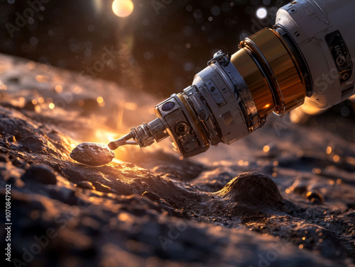 A close-up of a robotic arm on a spacecraft collecting samples from an asteroid. photo