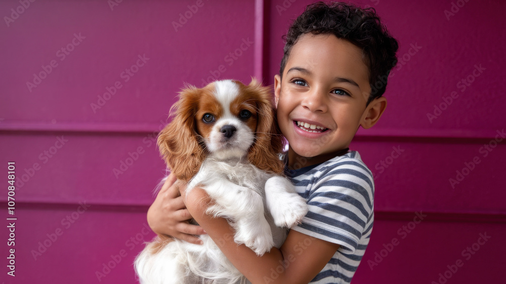 A joyful young boy of Black and Hispanic descent smiles widely while holding a fluffy Cavalier King Charles Spaniel against a vibrant purple background. A joyful young boy of Black and Hispanic descent smiles widely while holding a fluffy Cavalier King Charles Spaniel against a vibrant purple background.