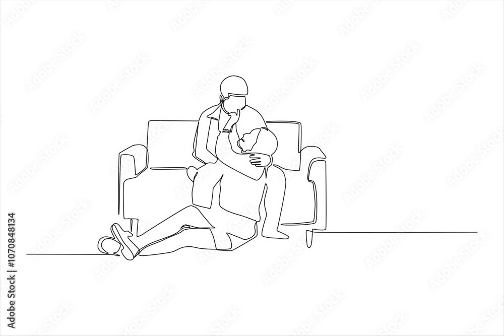 A continuous line drawing of two people embracing on a couch, conveying intimacy and comfort.