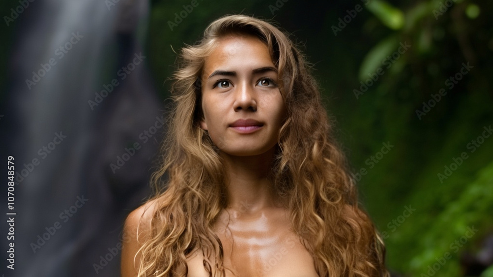 Naklejka premium Young woman with curly hair admires a daytime waterfall in a forest