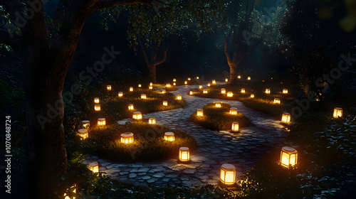 A winding stone path lit by glowing lanterns leads through a mystical forest at night.