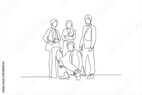 A minimalist line drawing of four individuals in professional attire, showcasing teamwork.