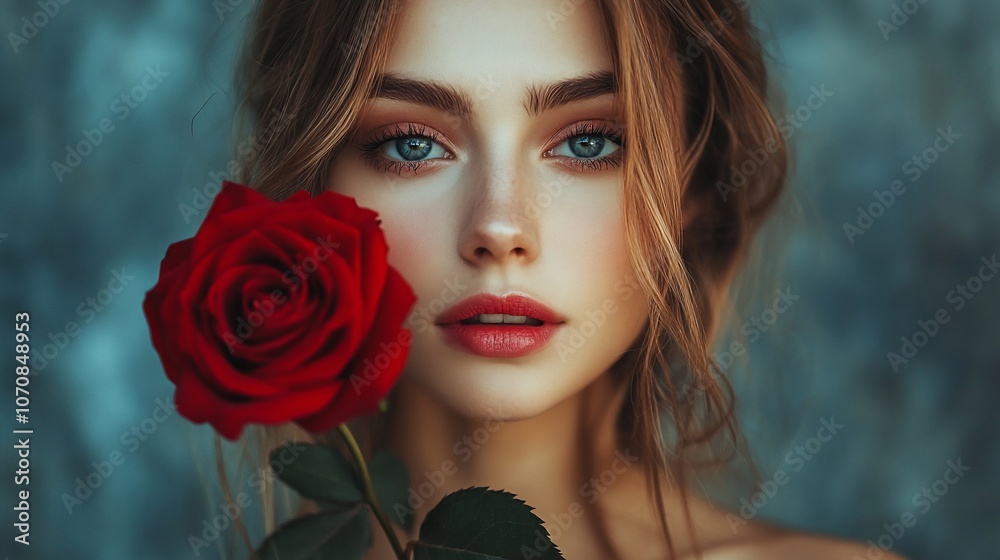 Close-up portrait of a beautiful young woman with blue eyes holding a single red rose. Close-up portrait of a beautiful young woman with blue eyes holding a single red rose.