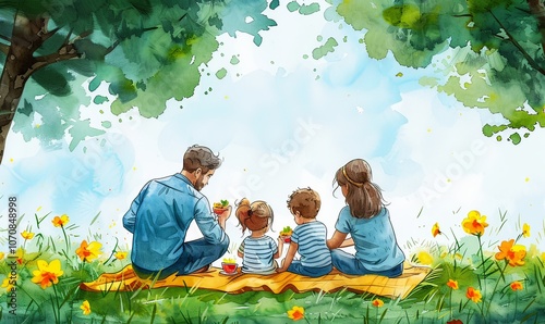 A cheerful family enjoys quality time together, relaxing on a blanket, savoring delicious food, and sharing laughter beneath fragrant trees on a sunny afternoon