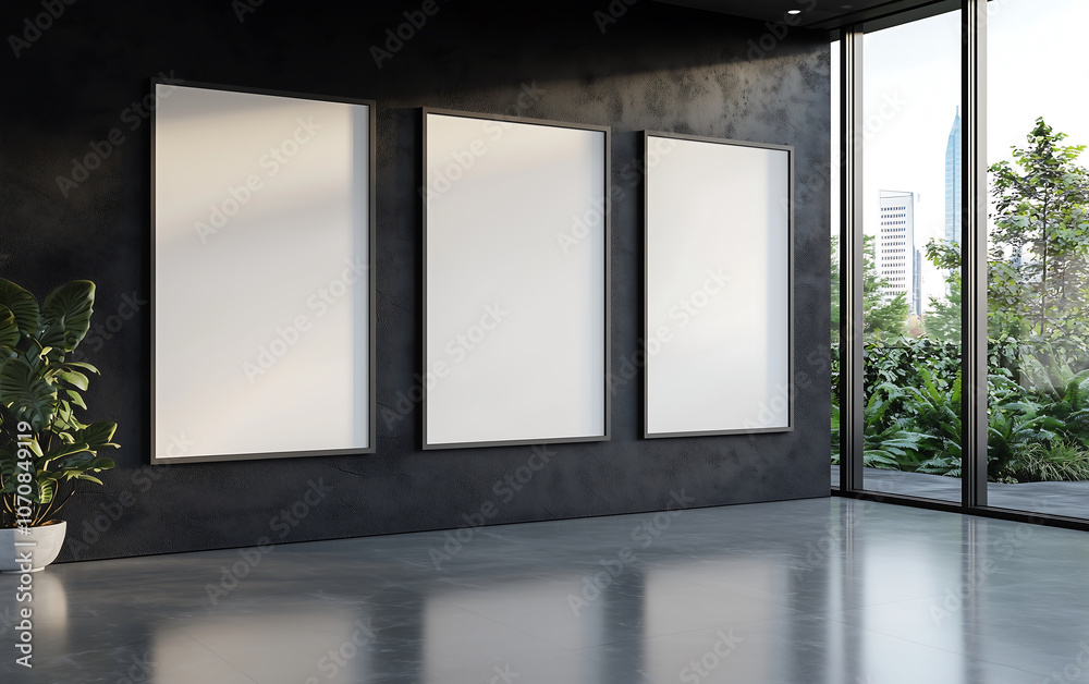 modern interior featuring three large framed posters on dark wall, surrounded by greenery and natural light. space exudes calm and contemporary atmosphere modern interior featuring three large framed posters on dark wall, surrounded by greenery and natural light. space exudes calm and contemporary atmosphere