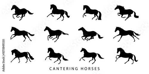 Black silhouette illustrations of horses in various cantering poses, showing the graceful movement of horses, isolated on a white background