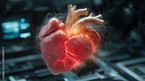 A digitally enhanced image of a heart pulsating with vibrant energy and neon light, depicting technological prowess and dynamic life forces amidst a technological setting. photo