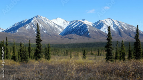 A panoramic view of snow-capped mountains rising above a vast, forested valley.