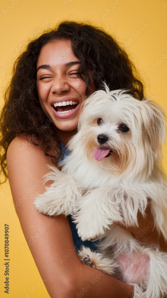 A joyful young woman of Afro-Latino descent smiles brightly while holding her fluffy white dog against a vibrant yellow backdrop, radiating happiness and affection. A joyful young woman of Afro-Latino descent smiles brightly while holding her fluffy white dog against a vibrant yellow backdrop, radiating happiness and affection.