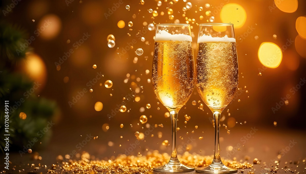 Elegant glasses of champagne on a golden background, surrounded by shimmering confetti. The scene is festive and celebratory, perfect for parties or holiday events, highlighting luxury and joy. Elegant glasses of champagne on a golden background, surrounded by shimmering confetti. The scene is festive and celebratory, perfect for parties or holiday events, highlighting luxury and joy.