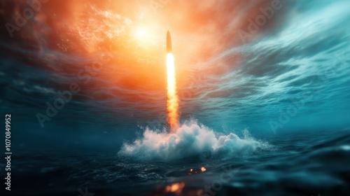 A visually striking moment as a submarine-launched missile ascends, leaving trails of smoke and water, piercing through dramatic clouds lit by intense orange light. photo