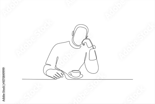 A minimalist line drawing of a person resting their chin on one hand while holding a cup.