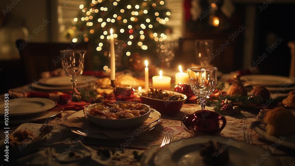 Family enjoying a holiday dinner together, beautifully set table with festive dishes, laughter and love, twinkling lights and warm candlelight Family enjoying a holiday dinner together, beautifully set table with festive dishes, laughter and love, twinkling lights and warm candlelight