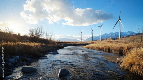 Peaceful River Flowing Through Wind Turbines and Fields