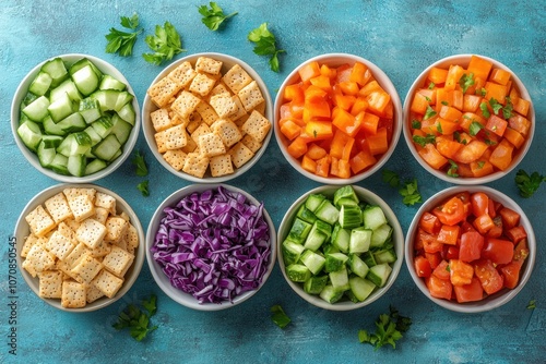 Assorted Chopped Vegetables and Crackers in White Bowls on a Blue Surface photo