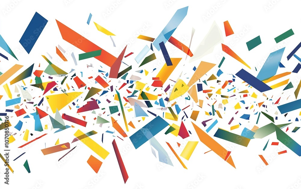 Abstract design featuring colorful shards scattered dynamically across a white background, showcasing a sense of movement and modernity Abstract design featuring colorful shards scattered dynamically across a white background, showcasing a sense of movement and modernity