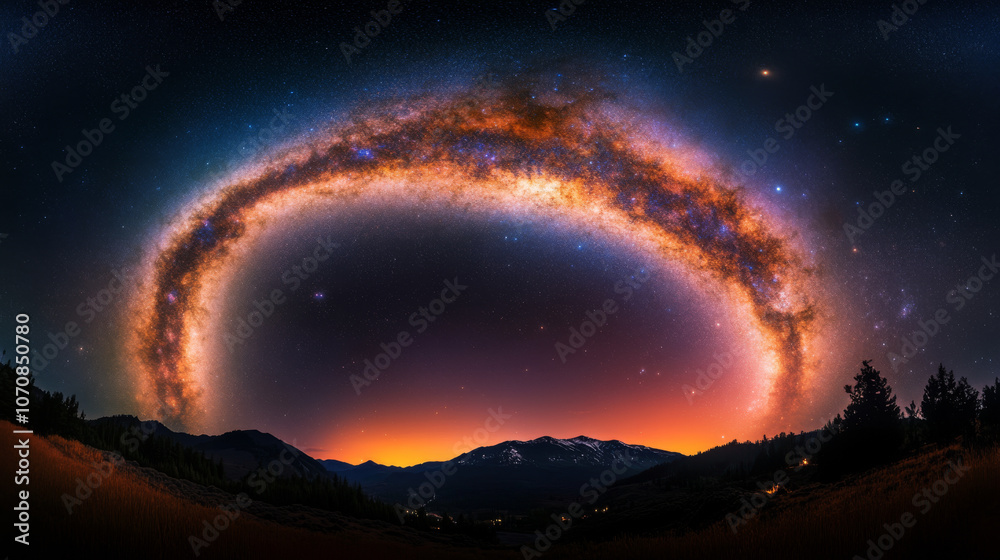 Naklejka premium A vibrant view of the Milky Way galaxy stretching across the night sky, filled with countless stars.