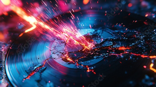 A vinyl record is shown breaking apart, surrounded by vibrant sparks and glowing colors that create an energetic and modern atmosphere, evoking a sense of creativity