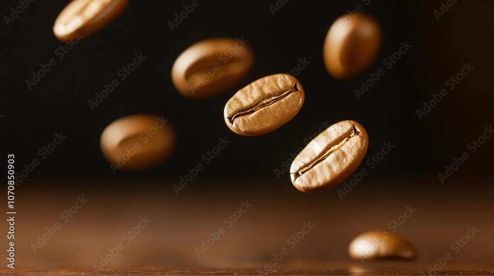 Golden coffee beans hover in mid-air, highlighting their distinctive curves and lines. The dark background enhances their warm tones and inviting appearance Golden coffee beans hover in mid-air, highlighting their distinctive curves and lines. The dark background enhances their warm tones and inviting appearance