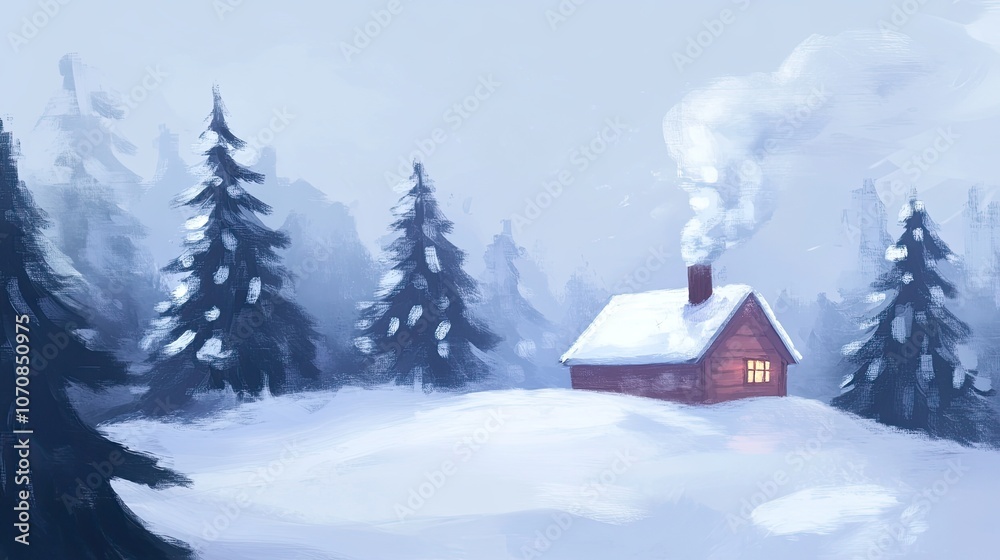 Naklejka premium Serene winter scene with a lone cabin among snow-covered trees, smoke rising from the chimney into cold air. Perfect background for holiday greetings.