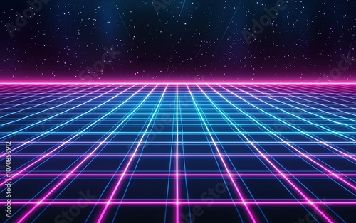 Wallpaper Mural A vibrant neon grid illuminated under starry skies at night, evoking a retro-futuristic digital landscape Torontodigital.ca