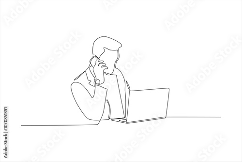 A continuous line drawing of a person on the phone while working on a laptop.