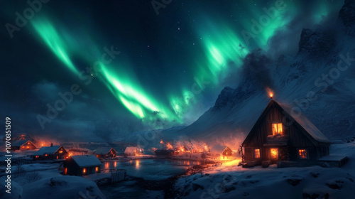 The Northern Lights dancing over a snow-covered Icelandic village, casting a green glow across the sky.