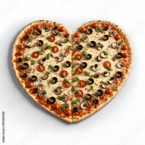 3D Render of a heart shaped pizza with pepperoni olives and basil.