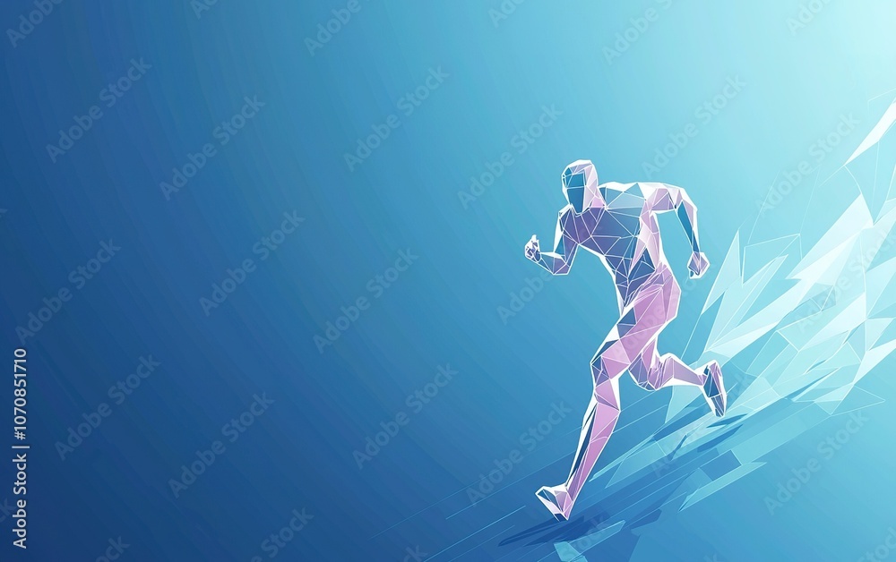 Obraz premium A digital illustration of a runner in low-poly style sprinting against a blue gradient background, symbolizing speed and athleticism in sports