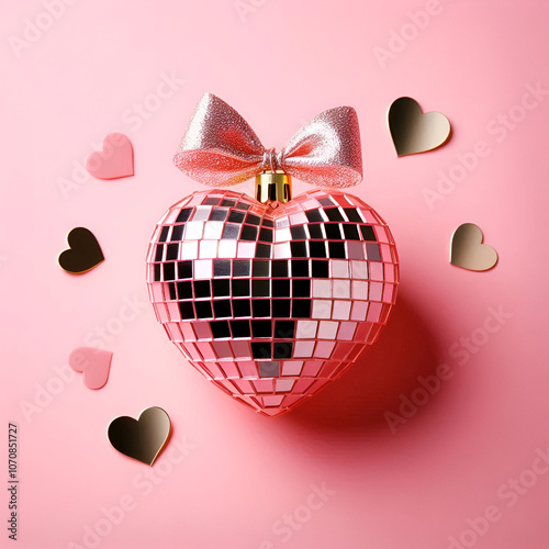 3D Render of a disco ball heart with a bow on top and a few small hearts around it.