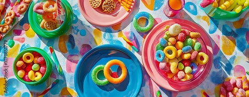 retro aesthetics from the '90s Overhead View of Colorful 90s Snack Spread