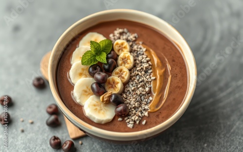 A chocolate smoothie bowl topped with banana slices, berries, and seeds