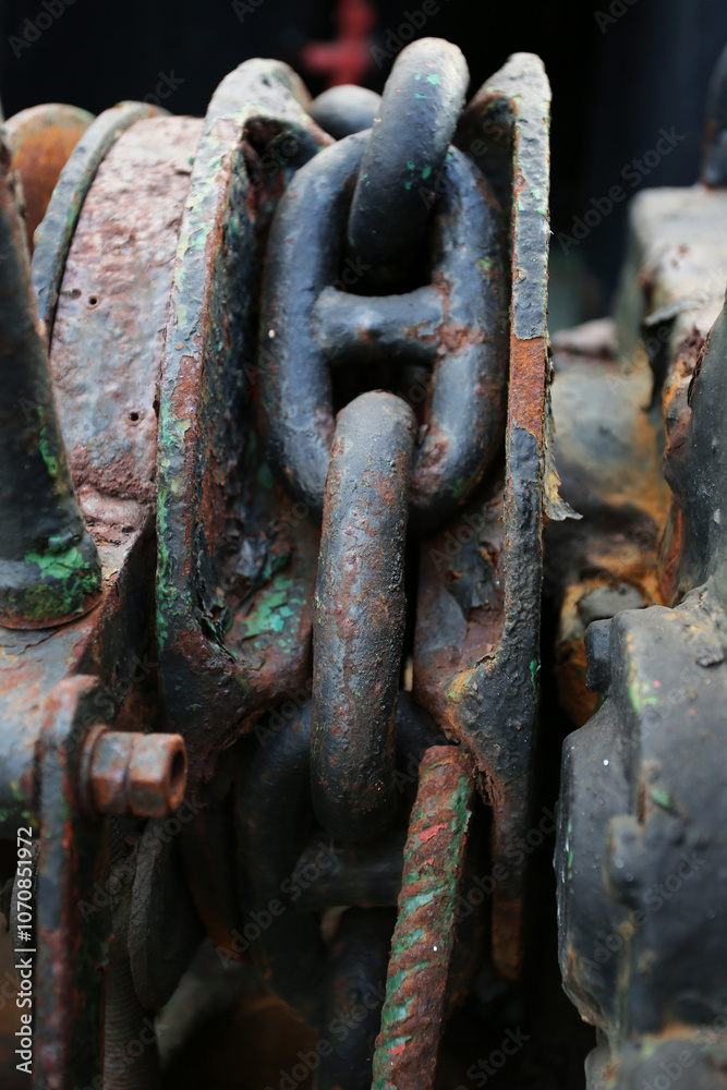 Old rusty metal chains at old ship at sea Old rusty metal chains at old ship at sea