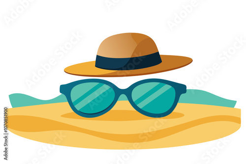 Stylish Metal Frame Sunglasses & Summer Hat on Beach – Perfect Accessories for a Sunny Day