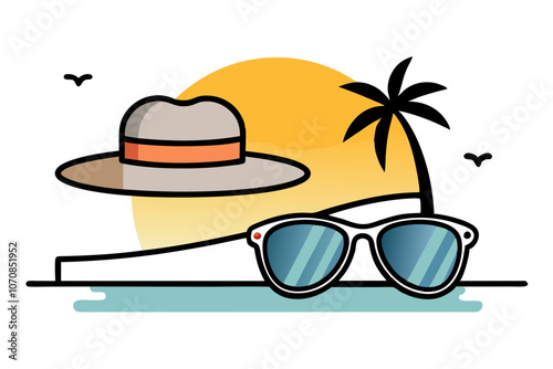 Stylish Metal Frame Sunglasses & Summer Hat on Beach – Perfect Accessories for a Sunny Day