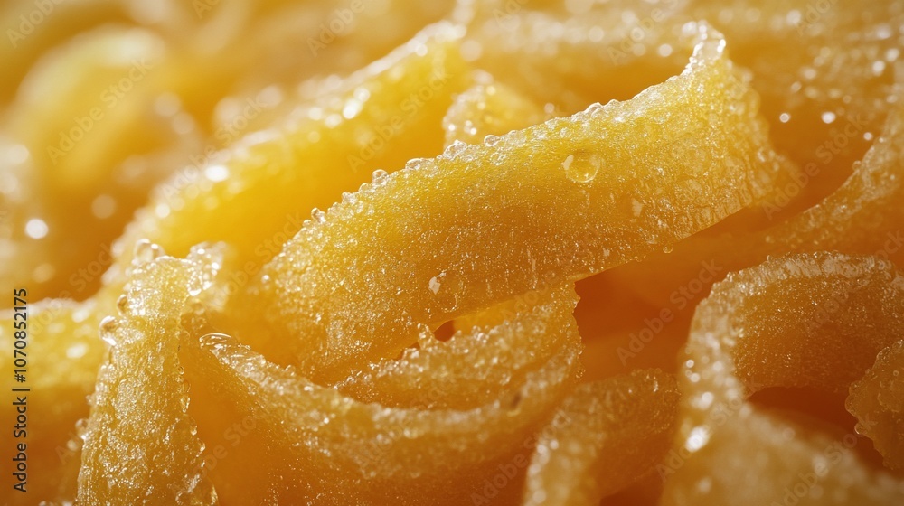 Close-up of candied citrus peel with water droplets. Close-up of candied citrus peel with water droplets.