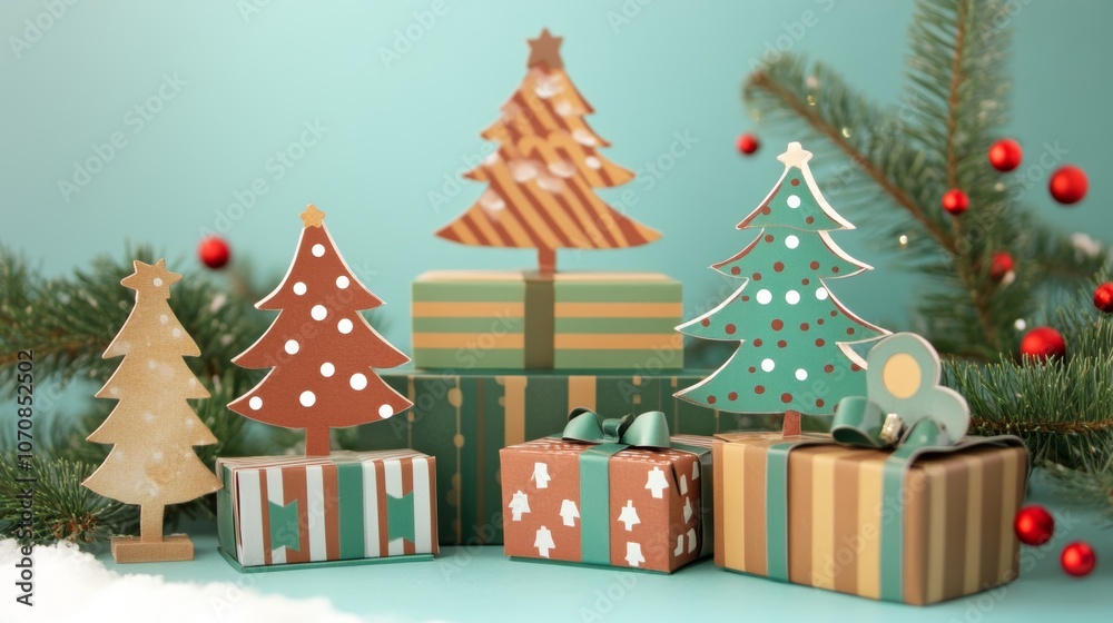 Fototapeta premium Christmas Decorations with Gift Boxes and Pine Branches on Blue Background