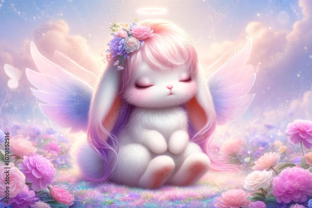 Obraz premium Serene Angel Bunny with Halo and Flowers 🌸✨