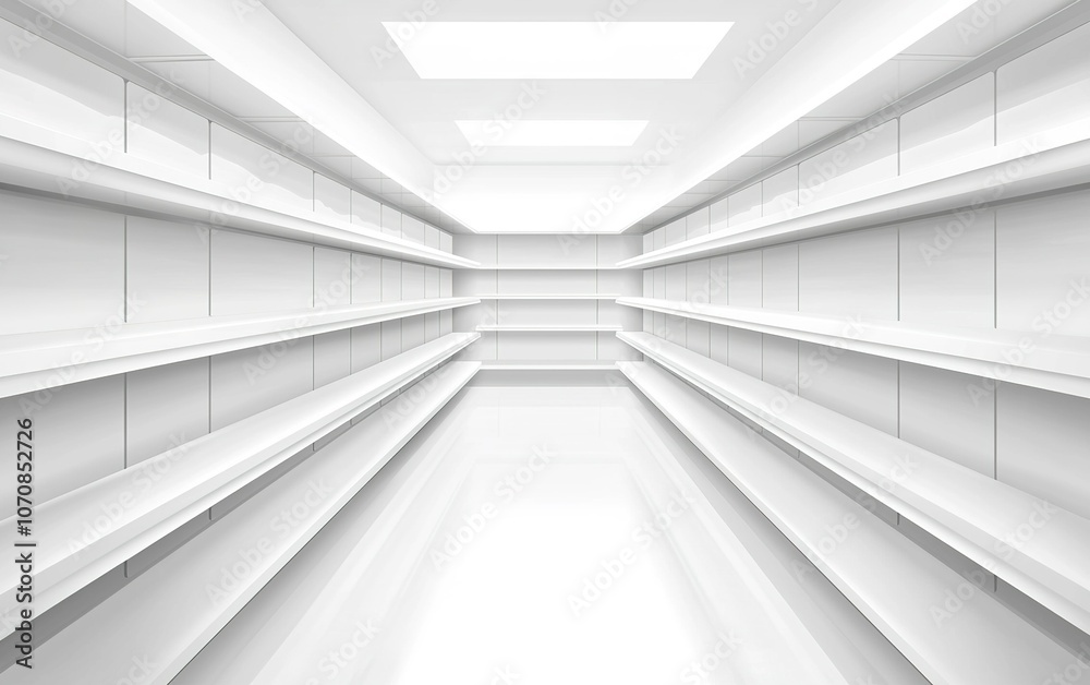 A vast, empty store aisle with pristine white shelves in a well-lit retail space during daylight hours A vast, empty store aisle with pristine white shelves in a well-lit retail space during daylight hours