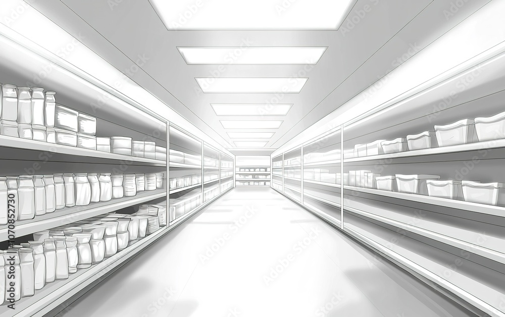 Obraz premium A spacious grocery store aisle filled with shelves of various products under bright lighting in the early afternoon