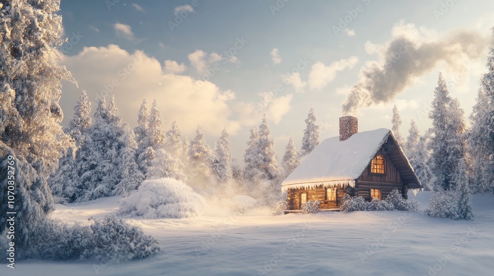 Snowy landscape with a cozy cabin nestled in snow-laden trees, smoke curling from the chimney. Ideal for Christmas and New Year greeting banners. Snowy landscape with a cozy cabin nestled in snow-laden trees, smoke curling from the chimney. Ideal for Christmas and New Year greeting banners.