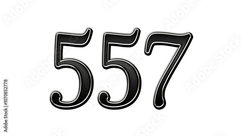 black metal 3d design of number 557 on white background.