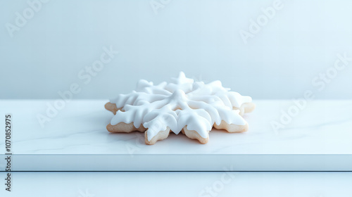 Delicate snowflake-shaped cookie on a marble surface, beautifully decorated with white icing and capturing the essence of winter festivities