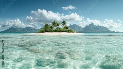 A small tropical island with palm trees sits in the vast turquoise sea, framed by distant majestic mountains under a clear, cloud-filled sky, embodying pristine tranquility. photo